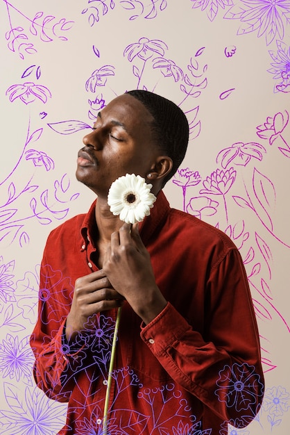 Medium shot man posing with hand drawn background