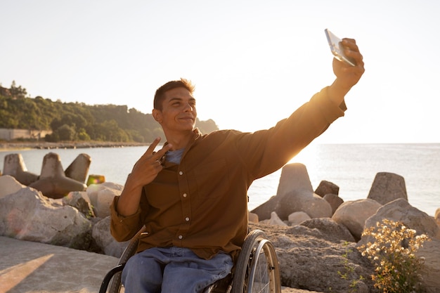 medium shot man taking selfie