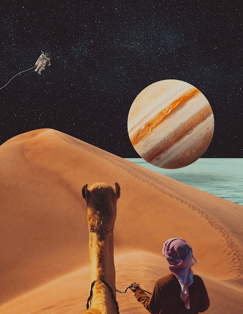medium shot man with camel in desert