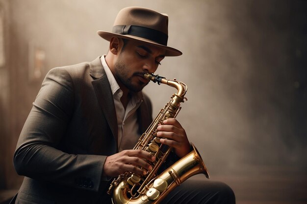 Medium shot man with hat playing saxophone