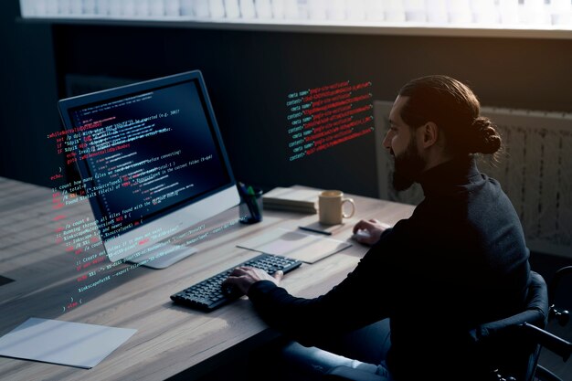 Medium shot man working on computer