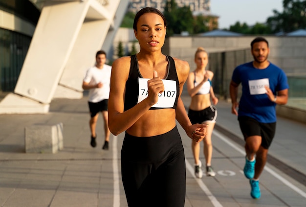 medium shot people running