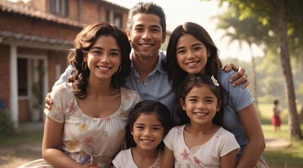 Medium shot photos of smiling mexican or columbian family