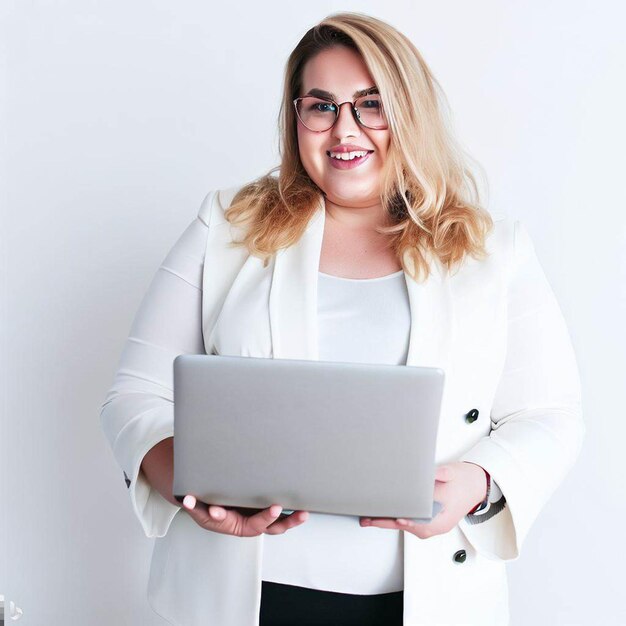 Foto donna d'affari di medie dimensioni con un laptop