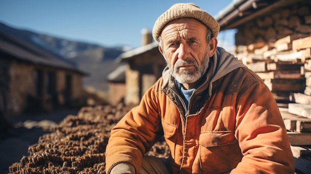 Medium shot portrait photograph of an elderly man in a sawmill