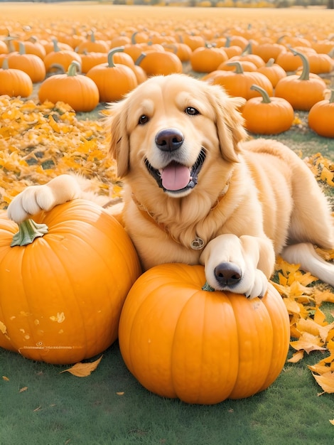 Medium shot portrait photography golden retriever rolling against pumpkin patches ai generate