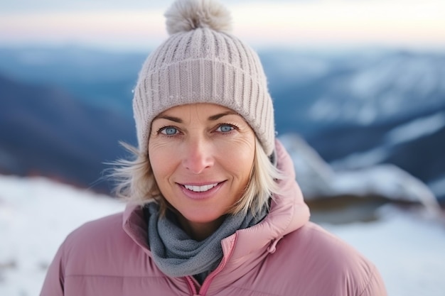 Medium shot portrait photography of a a pleased woman in her 40s that is wearing thermal wear snow