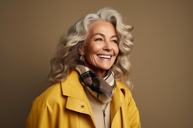 Портретная фотография довольной женщины в пятидесятых годах на светло-коричневом фоне