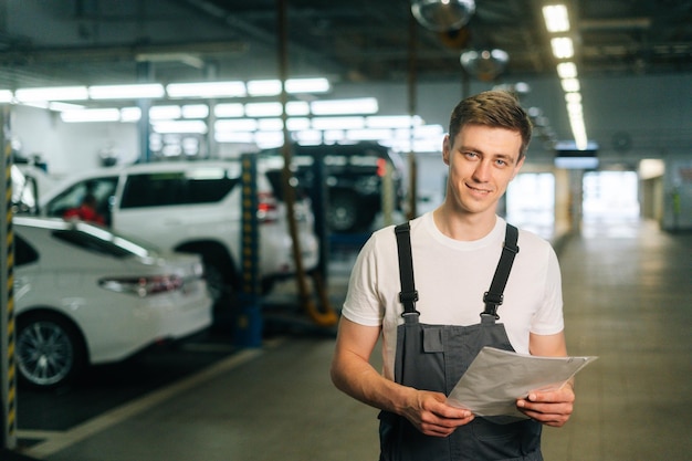 Medium shot portrait of smiling handsome young mechanic male wearing uniform holding clipboard