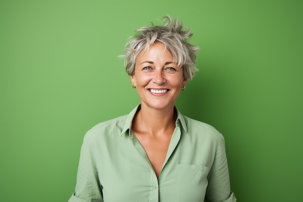Medium shot portretfotografie van een tevreden vrouw in de vijftig tegen een lichtgroene achtergrond