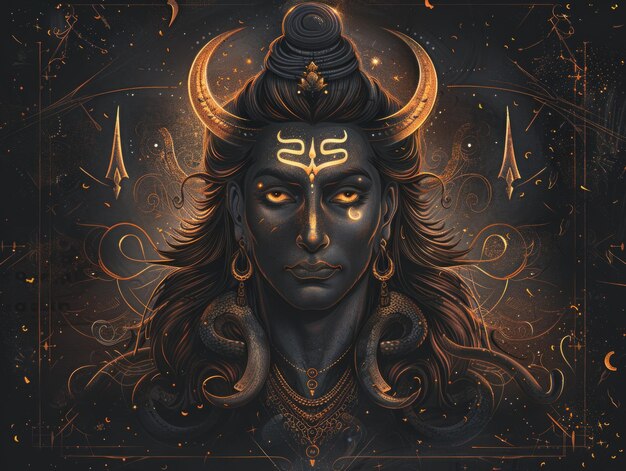 medium shot of powerful maha shivratri poster illustration that shiva head on a black background