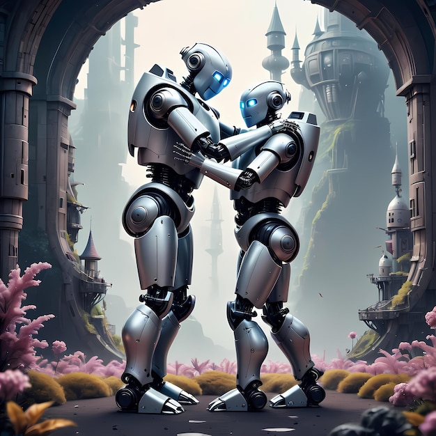 Photo medium shot robots hugging fantasy world