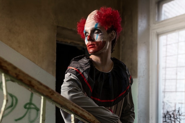 Photo medium shot scary clown in abandoned building