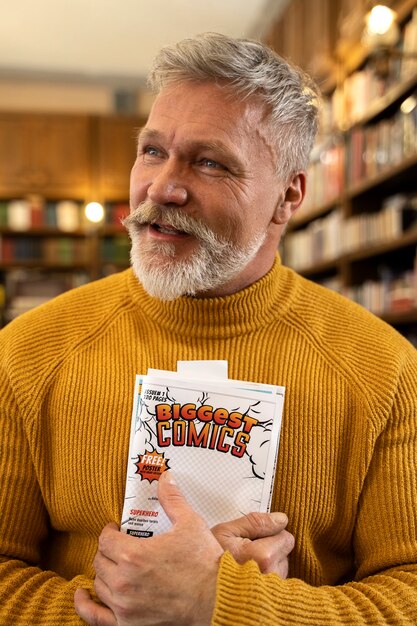 Photo medium shot senior man holding comics