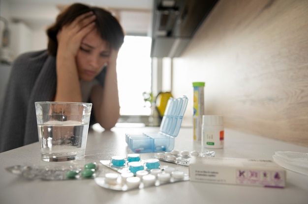 Photo medium shot sick woman with medicine