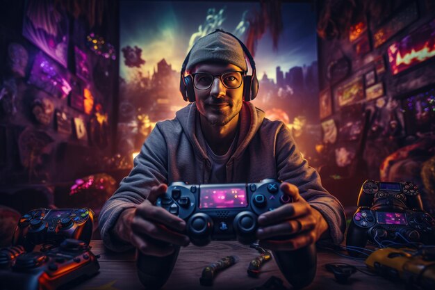 Foto medium shot skilled gamer met controller generative ai