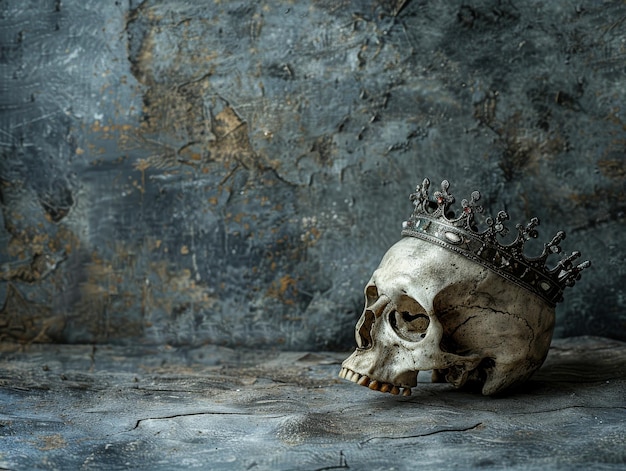 Medium shot of an skull with king crown on it themed background bright tonality