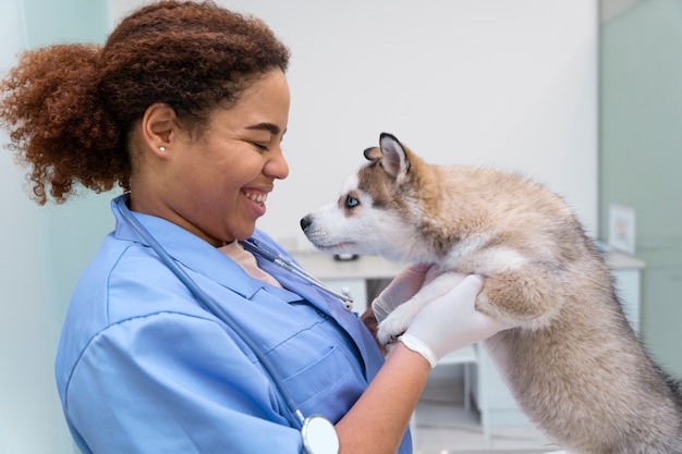 Foto medico sorridente di tiro medio e simpatico husky