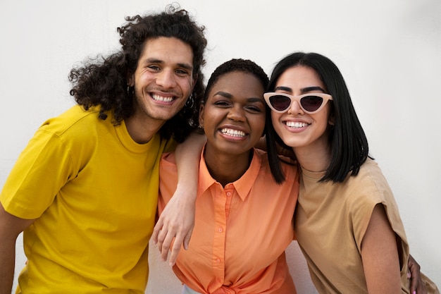 medium shot smiley friends posing together