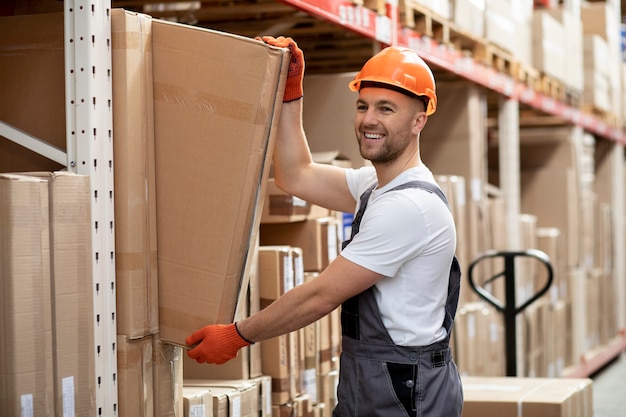 Medium shot smiley man holding box