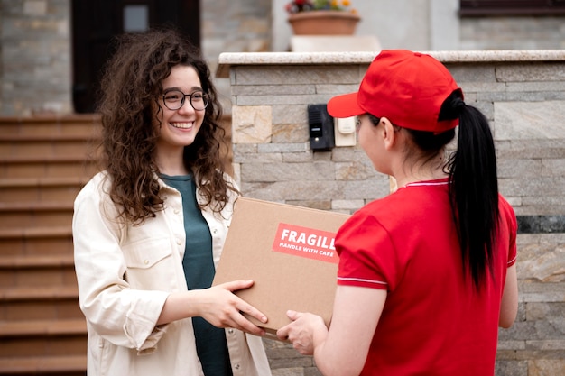 Medium shot smiley woman holding box