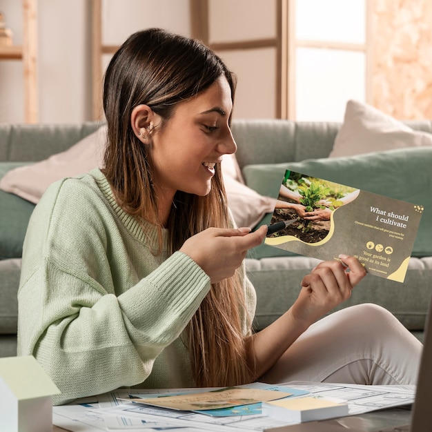 Medium shot smiley woman holding flyer