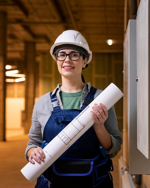 Photo medium shot smiley woman holding plans