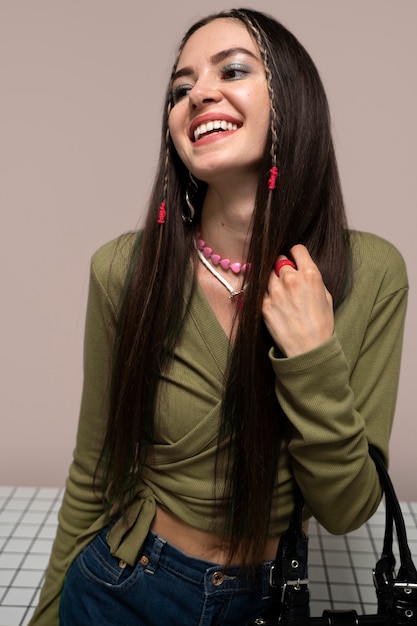 medium shot smiley woman posing