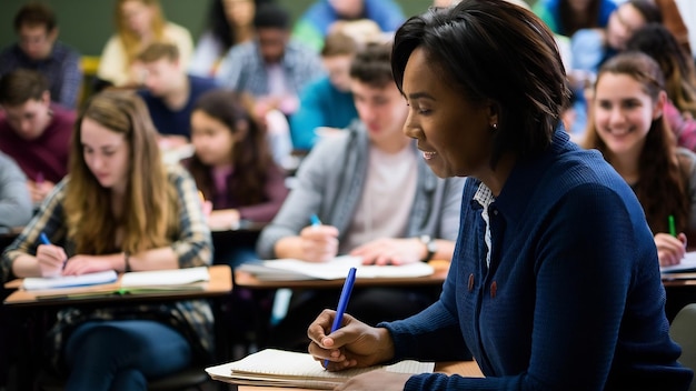 Medium shot teacher taking notes during class