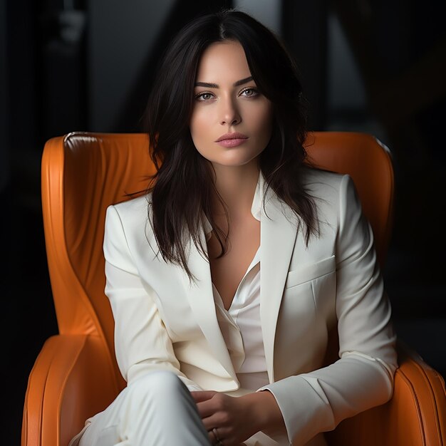 A medium shot of a white business woman wearing a white suits