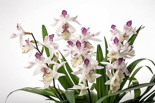 medium shot of wild orchids with green leaves