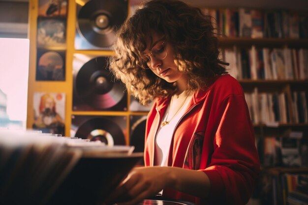 Foto donna di tiro medio che controlla i dischi in vinile