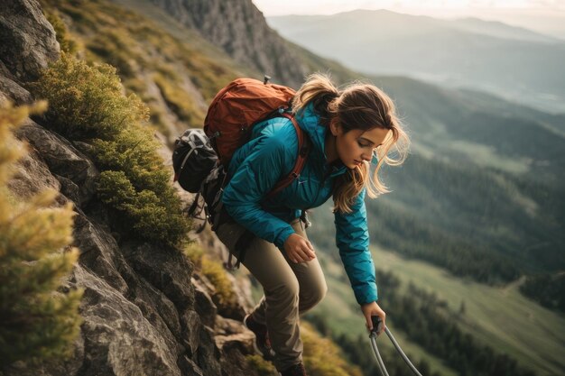 Medium shot woman climbing in the mountains