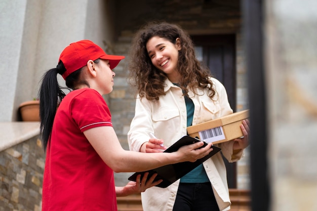 Photo medium shot woman delivering pack