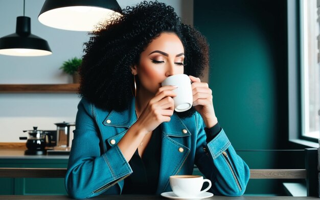 Foto donna di taglio medio che beve caffè.