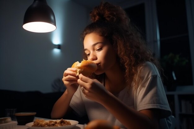 Foto donna del colpo medio che mangia a casa