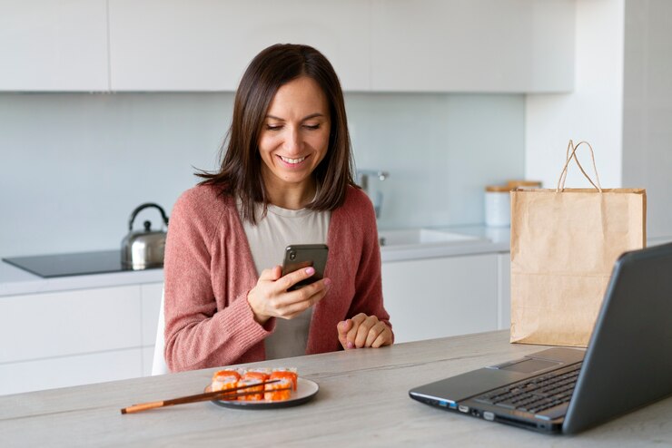 Medium shot woman eating sushi at home