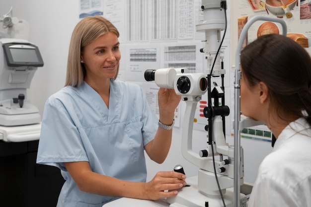 Medium shot woman getting her eyes checked