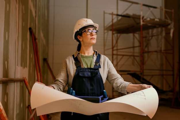 Photo medium shot woman holding blueprints