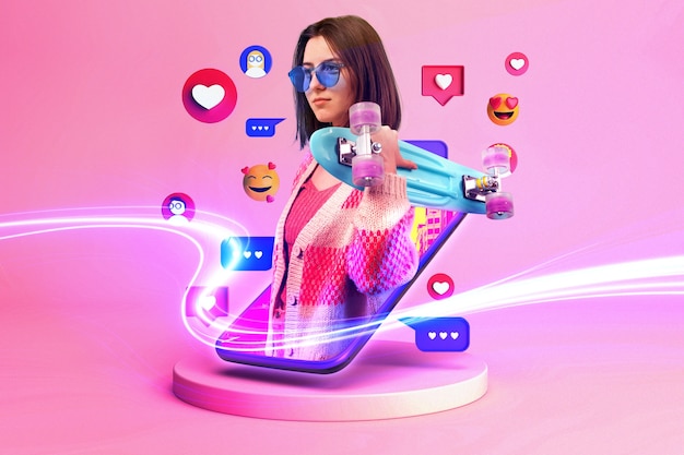 Foto marketing di influencer donna a tiro medio