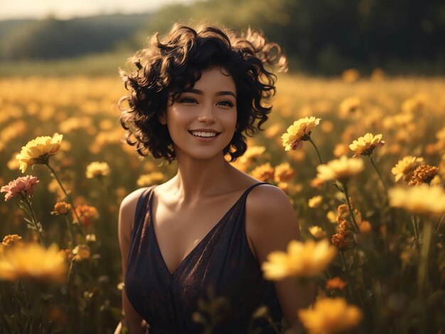 Medium shot woman posing with flowers