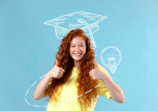 Medium shot woman posing with graduation background