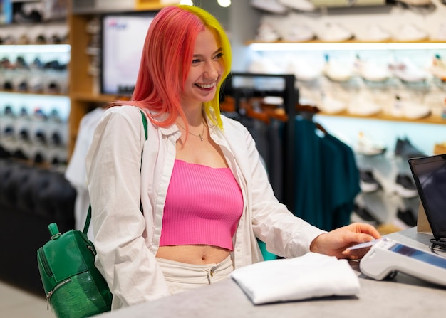 Foto donna del colpo medio che compera al centro commerciale