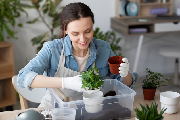 Medium shot woman transplanting plant at home