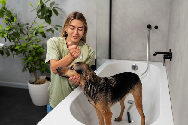 Photo medium shot woman washing dog