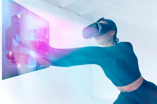 medium shot woman wearing vr glasses