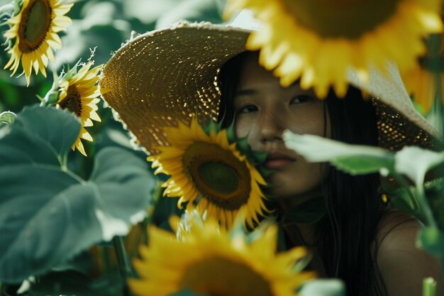 Medium shot woman with sunflowers