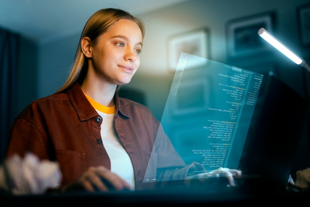Foto colpo medio donna che lavora al computer portatile