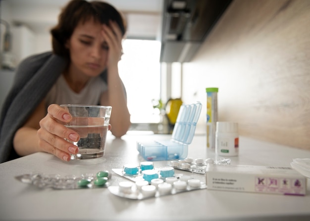 Foto medium shot zieke vrouw met medicijnen