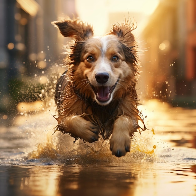 Medium sized dog running through puddles